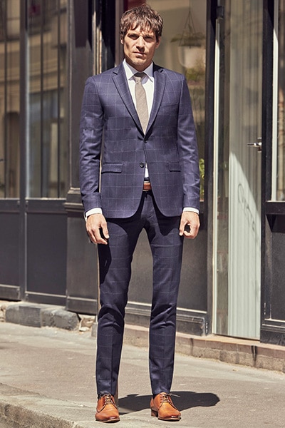 Costume sur mesure bleu carreaux fenêtre Jean de Sey